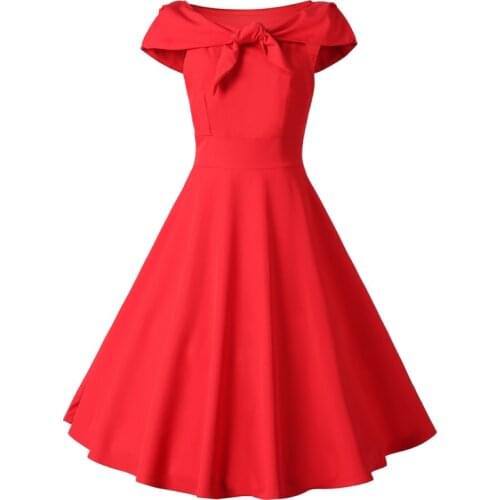 2021 Red Elegant Party Ladies Vintage Dresses 50s 60s Women Tie Neck High Waist 50s Pin Up Rockabilly Solid Swing Dress