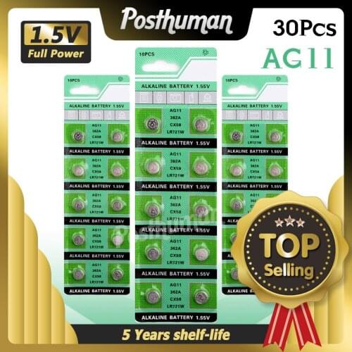 30pcs 1.55V AG11 LR721 LR 721 Button Coin Cell Alkaline Battery AG 11 GP62 Watch Clock Pilas Battery For Calculator Computer
