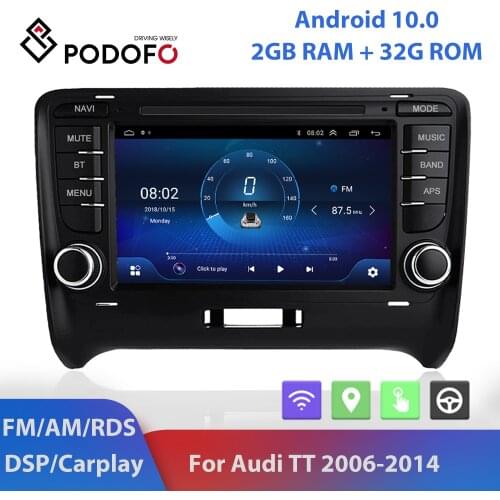 Podofo 2 Din Android 10.0 Car Multimedia Player 2din Carplay RDS DSP GPS Car Radio 7'' WIFI Auto Stereo For Audi TT 2006-2014