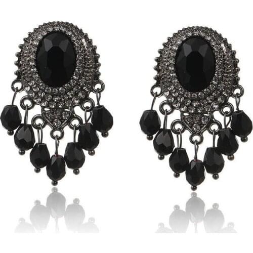 Exaggerated Personality Earrings Fashion Retro Ethnic Hanging Dangle Womens Earrings Oval Crystal Long Tassel Earrings Jewelry