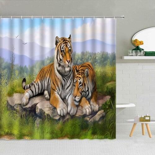Wild Animal Tiger Shower Curtain Ferocious Lion Flower Feather Polyester Fabric Bathroom Supplies With Hooks Home Decor Washable