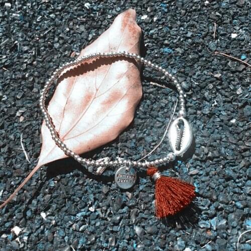 Dongmu Silver color Shell Bracelet for Women Alloy Beads Elastic String Cotton Tassel Pendant Handmade Charming Bangle Wholesale