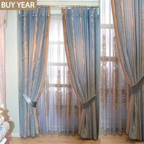 Luxury Curtains Blue Velvet Embroidered Finished Curtains Bedroom Living Room Blackout Curtains