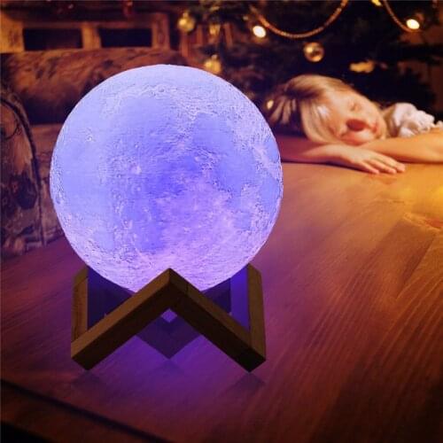 3D Print Moon Lamp 16 Color Creative Touch Switch Rechargeable LED Night Light with Wood Stand Home Decor Bedroom Birthday