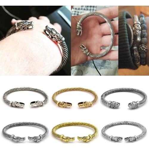 Men Bracelets Viking Double Wolf Head Opening Bracelet Indian Jewelry Adjustable Cuff Biker Bangles Vintage Open Bracelet