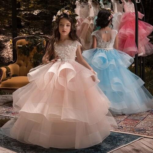 New Flower Girl Dresses Blush Pink First Communion Gowns For Girls Ball Gown Cloud Beaded Pageant Gowns Vestido De Daminha