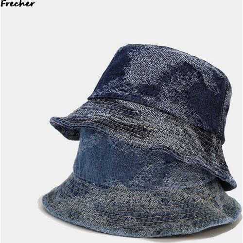 Vintage Washed Denim Bucket Hat Blank Jean Fishing Cap Flat Top Fisherman Sun Hat Wide Brim Beach Panama Outdoor Sports Sunhat