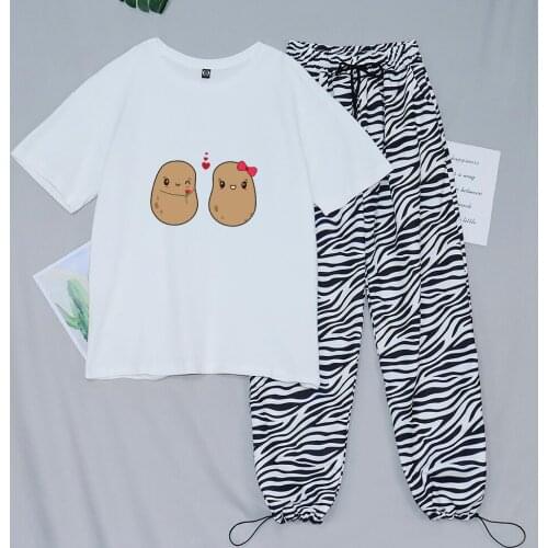 Couples Potatoes T Shirt Oversized Cotton T-shirt Kawaii Harajuku Women 90s Aesthetic Sweatpants Goth High Waist Striped Pants