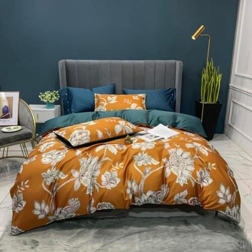 Luxury Egyptian Cotton Duvet Cover Set Queen King Vibrant Flower Leaves Print Golden Bedding Set Zipper Bed Sheet Pillowcases