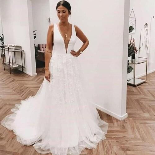 Sexy A Line Wedding Dress Deep V Neck Tulle Long Bridal Gowns Appliques Backless For Women Bride Dresses Custom Made