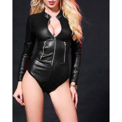 Sexy Women PU Leather Teddy Lingerie Jumpsuit Zipper Up Long Sleeves Bodycon Erotic Bodysuit Catsuit Clubwear Rompers