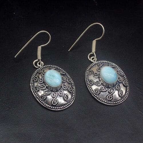 Hermosa Natural Lovely Blue Larimar Silver Color Jewelry Gifts Dangle Drop Earrings for Women Girls 2 Inch FQ109