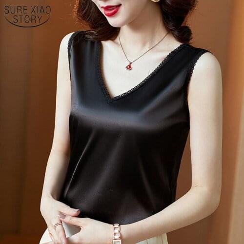 Silk Women Vest Sleeveless Solid Women Shirts V-neck Women Tops and Blouses Office Lady Style Summer Satin Shirt Blusas 13376