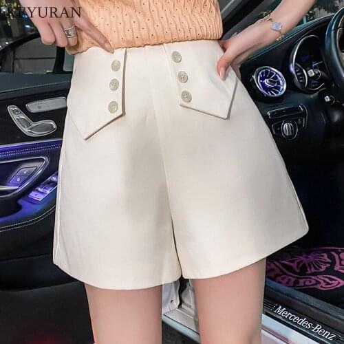 2021 New Summer Formal Women Shorts Button High Waist Chic Wide Leg Shorts Female Solid Elegant Suit pants Trouser Pocket Zipper