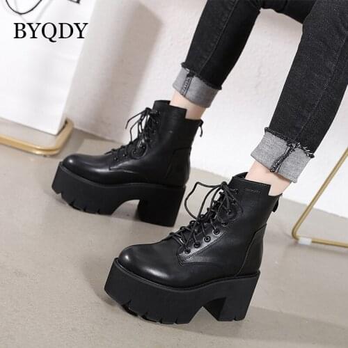 BYQDY 8CM High Heel Short Boots For Woman Chunky Heels Thick Platform Lace-Up Motorcycle Ankle Boots Black Gothic Comfortable