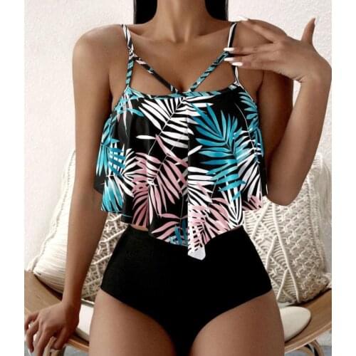 2021 newest arrival Women’s Sexy Two Piece Bikini Suits Fashion Printing Suspender Tops and Solid Color High Waist Thong