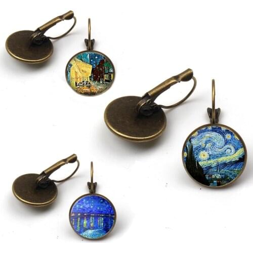 Fashion Flower Printed Famous painting Earring Jewelry Ethnic Big Round Gogh starry night Dangle Earrings Women Wedding Ohrringe