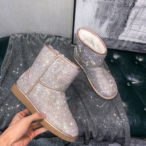 Bling crystal snow boots women silver glitter beading winter ankle booties plush padded platform botas mujer big size 34-43 NS69