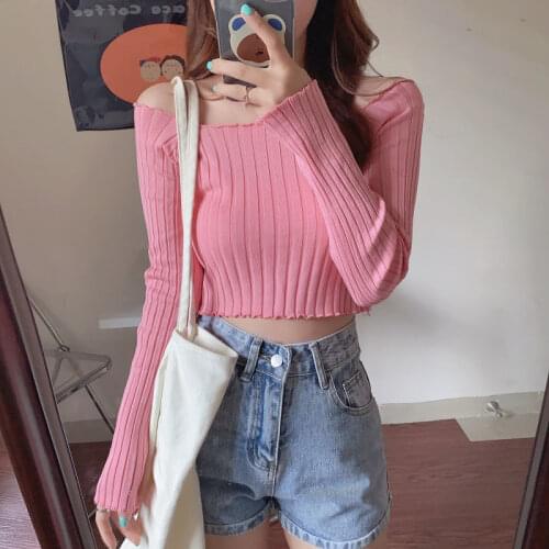 Off-Shoulder Short Bare Midriff Slim Fit Knitted Womens Striped Top Woman Sweaters Femme Chandails Pull Hiver