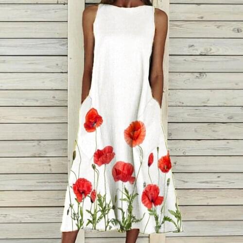 Dresses for Women 2021 Floral Printed Scenic Pocket Sleeveless Round Neck Dress Elegant Mid-Length Dress New Comfortable