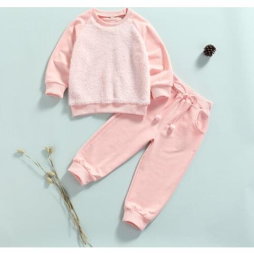 2PC Fall Winter Kids Children Suit Set Toddler Solid Color Fur Long Sleeve Tops+Trousers with Pockets Casual Clothes for Girls