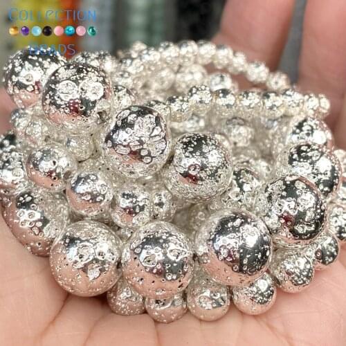 4-10mm Natural Stone Beads Silver Plated Lava Hematite Stone Loose Round Beads For Jewelry Accessories Making Bracelet 15