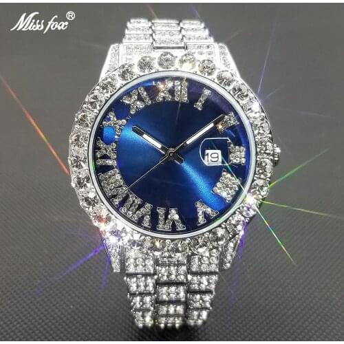 MISSFOX Hip Hop Mens Watches Or Women Big Dial Full Diamond Quartz Wristwatch Top Luxury Iced Out Waterproof Clock Dropshipping