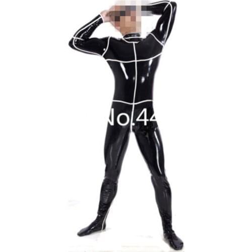 Black Latex Men Bodysuit with Socks White Strips Rubber Costumes Catsuit Club Party Wear lingerie porno back zip