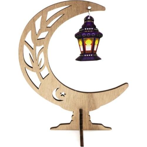Wooden Eid Mubarak Ramadan Gulbang Moon Painted Lantern Table Decoration Crafts New Year Home Decorations Lamp Night Light