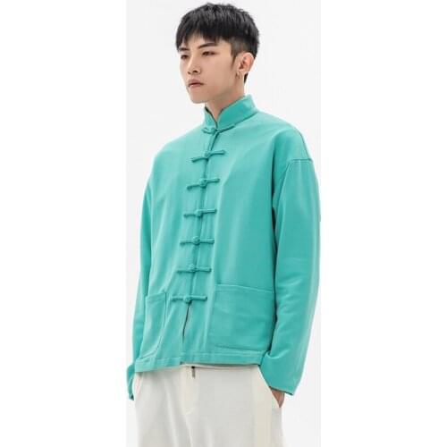Chinese Traditional Shirt Men Long Sleeve Solid Button Cotton Tang Suit Mandarin Collar Retro Casual Men Shirt Streetwear KK3428