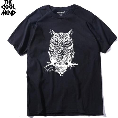 THE COOLMIND top quality cotton casual short sleeve casual o-neck loose OWL printed men T shirt