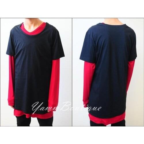 Mens Cotton Short Sleeve Wide Neck Raw Edges Lengthen Extended Oval Tee Contrast Tshirt