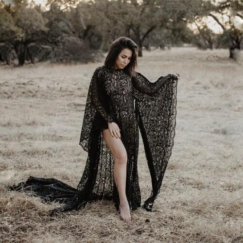 New Black Lace Maternity Dresses For Photo Shoot Sexy Fancy Pregnancy Dress Photography Prop Split Side Pregnant Women Maxi Gown