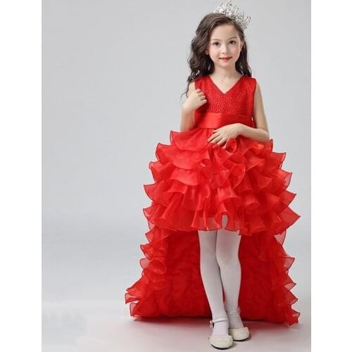 Long Train Performance Show Princess Flower Little Girl Dresses for Wedding Kids Baby Birthday Party Pageant Prom Fancy Dress