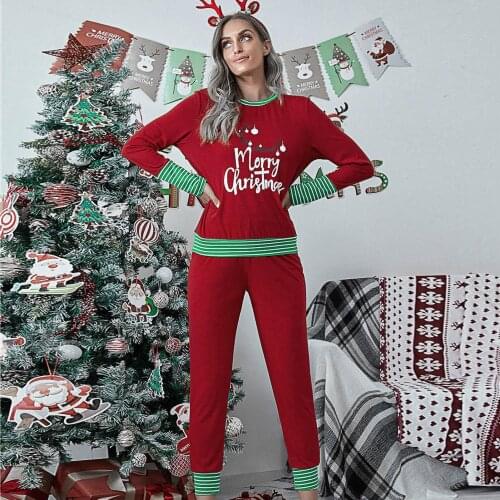 Women Long Sleeve Blouse Pants Letters Stripes Christmas Pajamas Sleepwear Set Womens Clothing пижама женская pijama feminino