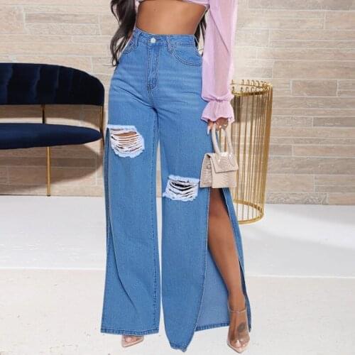 Sexy Hole Jeans Women Stretch Split Wide Leg Denim Flare Long Pants Spring Autumn New High Street 2021 Blue Ladies Fashion Club