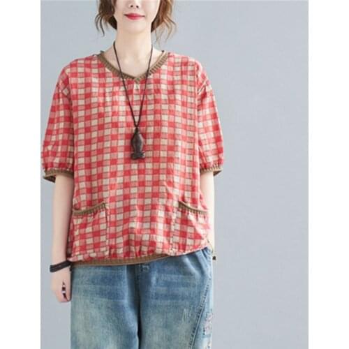 Women Summer Loose Casual T-shirts New Arrival 2021 Simple Style Vintage V-neck Plaid Print Female Cotton Linen Tops Tees S3452