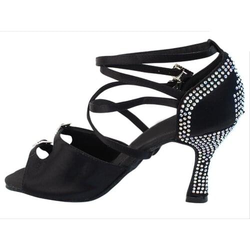 Evkoodance New Dance Shoes Black Rhinestones 7cm High Heel Latin Salsa Ballroom Dance Shoes Buckle Shoes