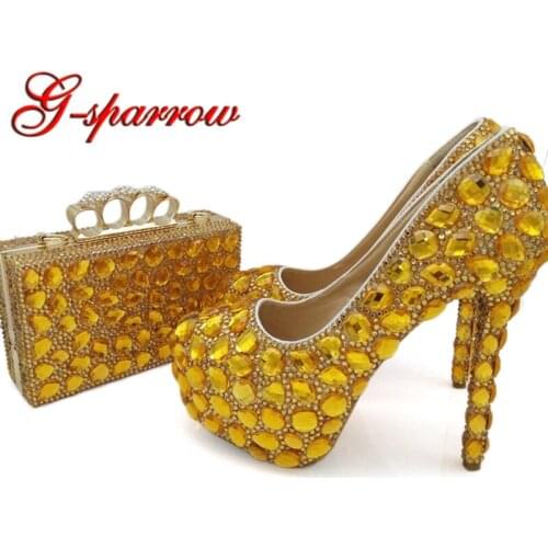 2018 Handmade Gold Rhinestone Woman Pumps with Clutch Bag 5 Inches High Heels Wedding Party Shoes with Purse Big Size 10 11 12