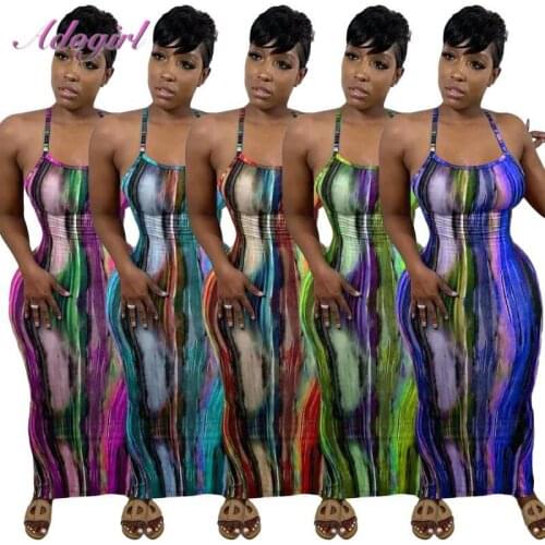 Women Boho Beach Sundress Casual Tie Dye Print Spaghetti Strapless V Neck Maxi Dress Sexy Bandage Backless Party Club Dresses