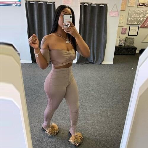 2021 New Arrival Famous Brand 2 pcs Women Set Solid Ruched Slash Neck Short Tops Long Pants Summer Sexy Outfits