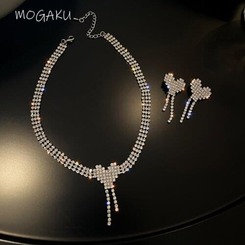 MOGAKU New Design Choker Necklaces for Women Fashion Bling Crystal Earrings Korean Heart Crystal Jewelry Sets for Ladies Party