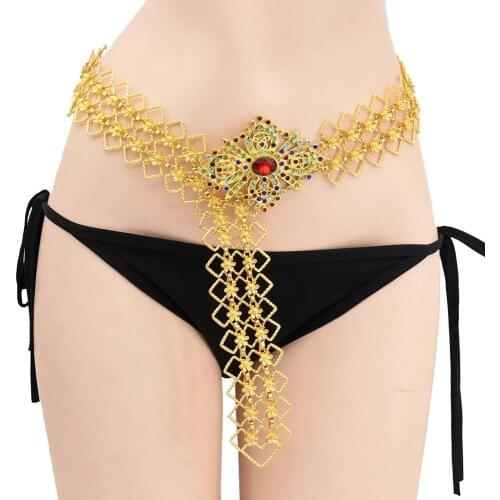 Women Belt Hollow Flower Waist Chain Crystal Gold Metal Hollow Out Flower Caucasus dance Belly Chain Moroccan Wedding Jewelry