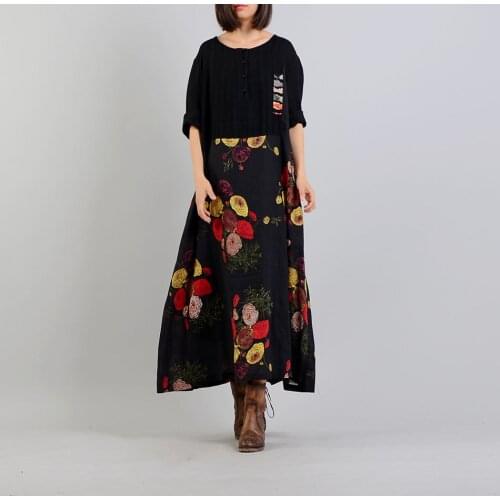 Women Printed Patchwork Dress Ladies Cotton Linen Retro Print Dress Female Loose Bat Sleeve Dress 2018