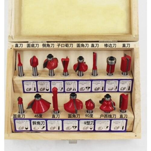 15PCS 1/4" Shank Tungsten Carbide Router Bit Set Wood Case tool kit Professional Milling Cutter Router bit set 6.35mm
