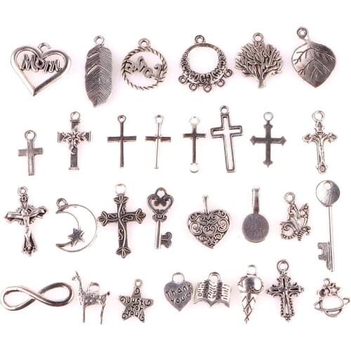 30PCS Alloy Mixed Cross Jesus Christian Connector Charms Antique Silver Jewelry Making Pendant Findings Accessory 23529