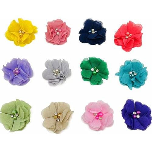 3pieces Appliques Vintage Artificial Chiffon Flower+Rhinestones Pearl For Girls Hair Accessories Fabric Flowers For Headbands