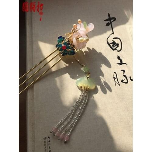 Cloisonne Colored Glaze Green Jade Pink Crystal Petal hair stick Hanfu Costume Hair Accessories Hair jewelry