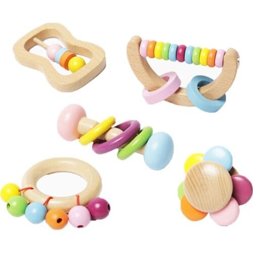 Baby Wooden Teether Rattle Montessori Educational Grasping Safe Wood Toys Early Development Gym Rattle Ring Crafts Gifts Toddler