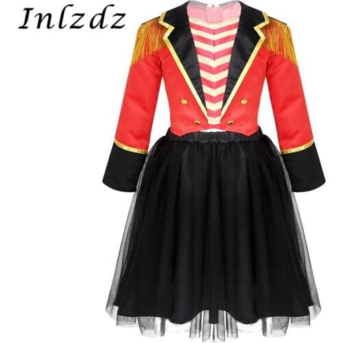 Kids Girls Circus Ringmaster Cosplay Costume Carnival Halloween Outfit Jacket with Mesh Tutu Skirt Set Role Play Games Clothes